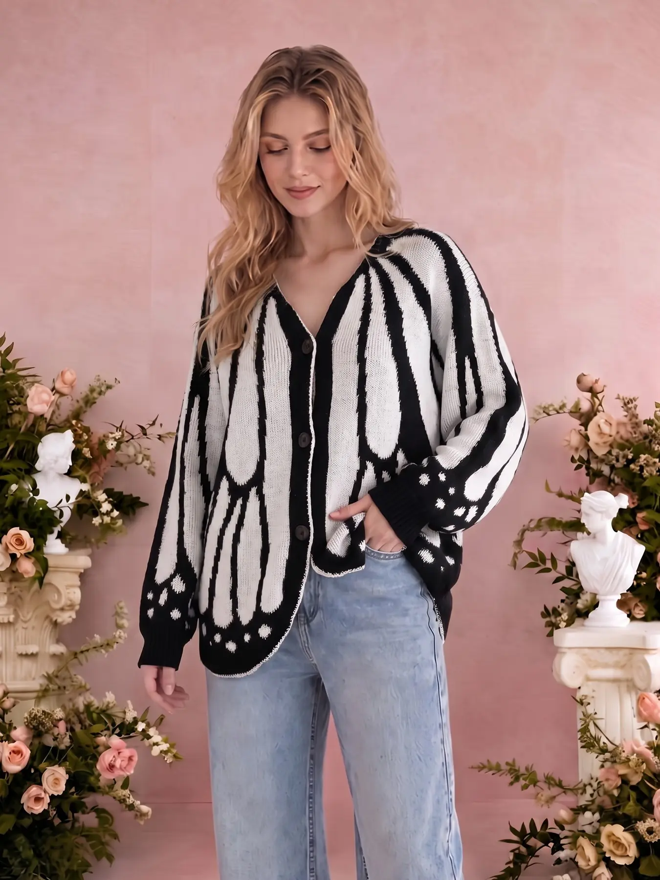 Oversized Butterfly Jacquard Knit Cardigan Women V-Neck Long Sleeve Button Down Loose Sweater Coat Retro Casual Versatile Outerwear