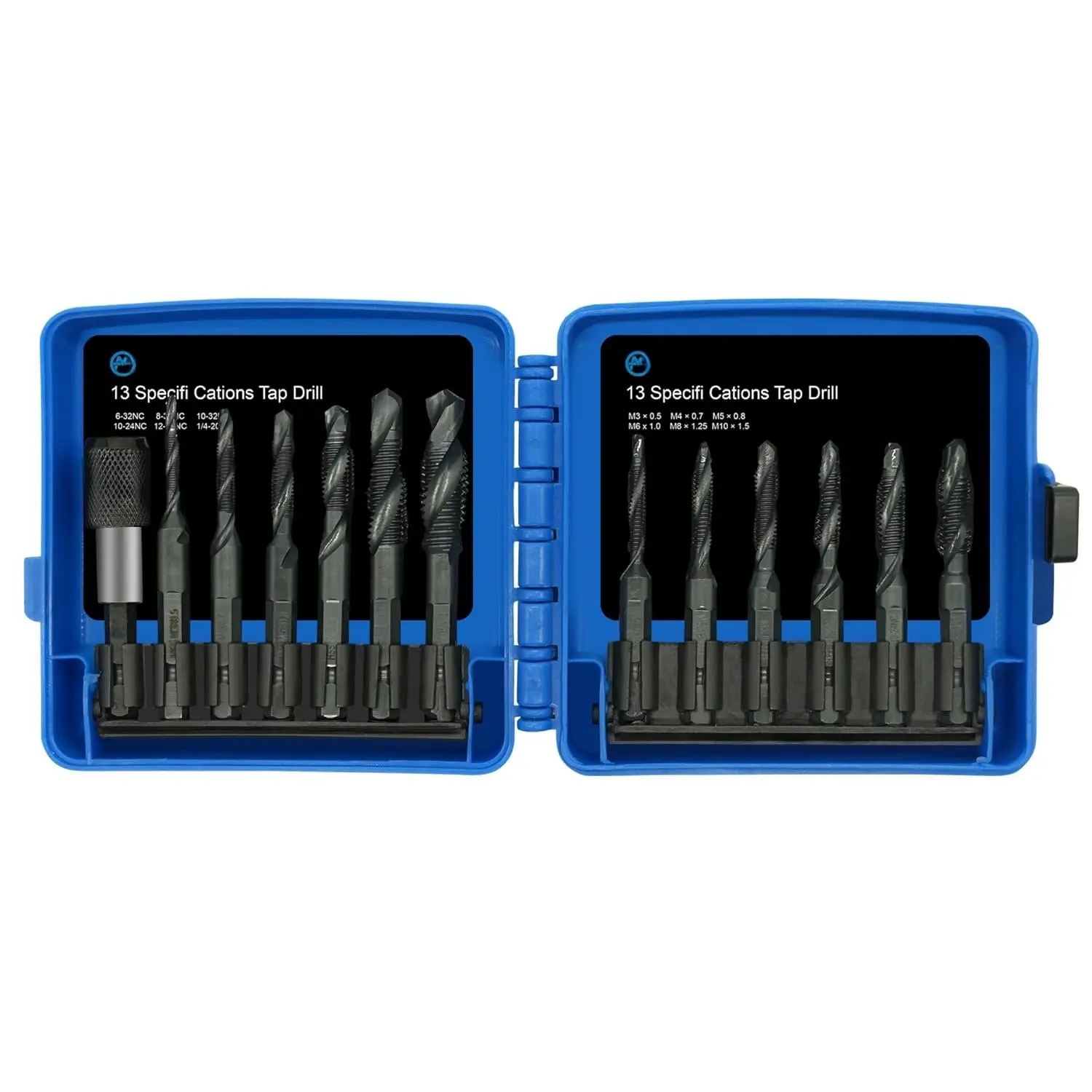 Combination Drill and Tap Bit Set with Quick-Change Adapter of 13 count, 6 SAE Sizes: 6-32NC to 1/4-20NC, 6 Metric Sizes: M3 to M10,Suitable for Drilling Tapping Threading Countersinking