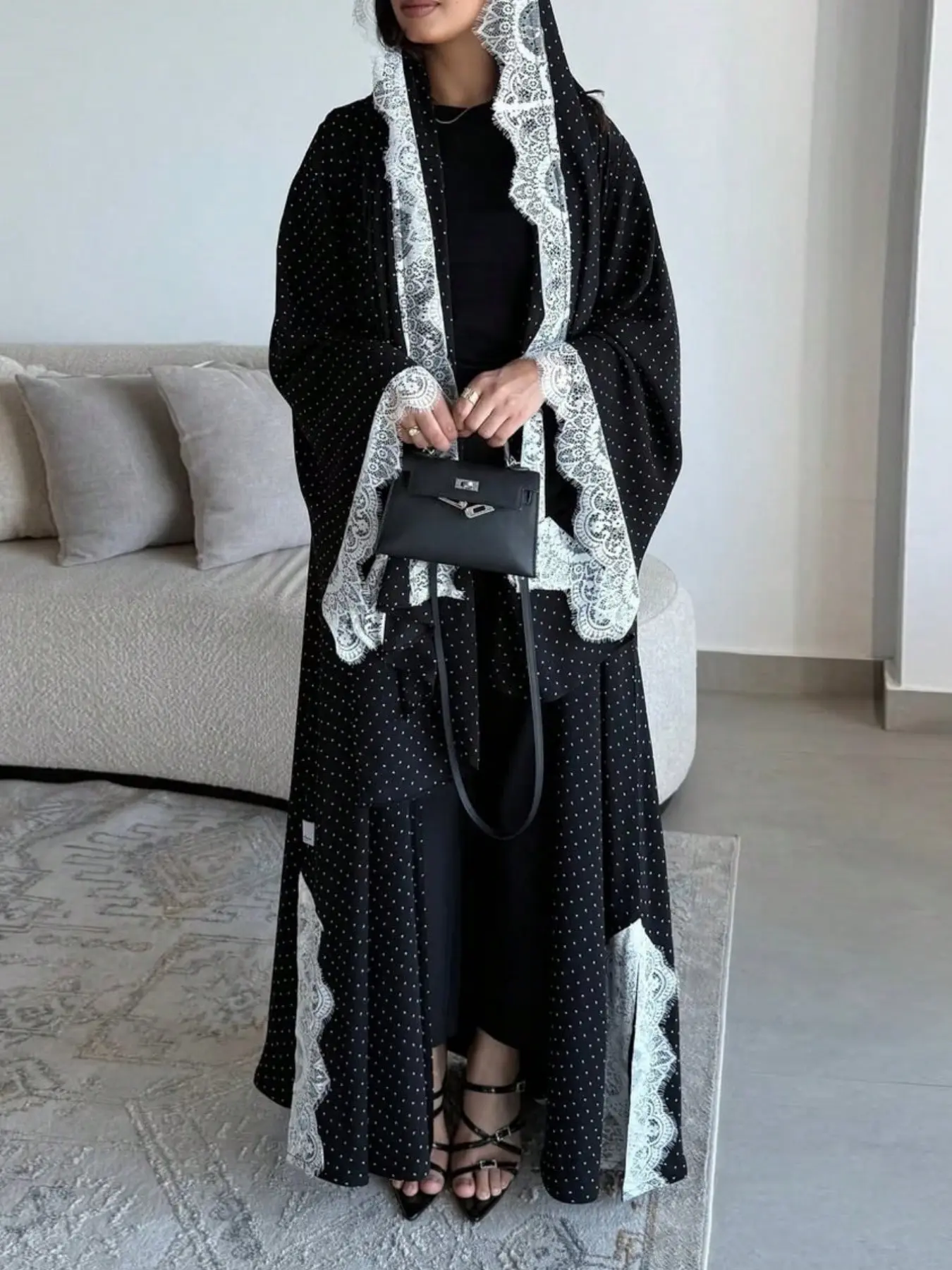 Lace Trimmed Abaya with Hijab Cardigan Robe, Modest Luxury Conservative Outerwear, Matching Hijab Set, Muslim Women's Fashion, All Seasons