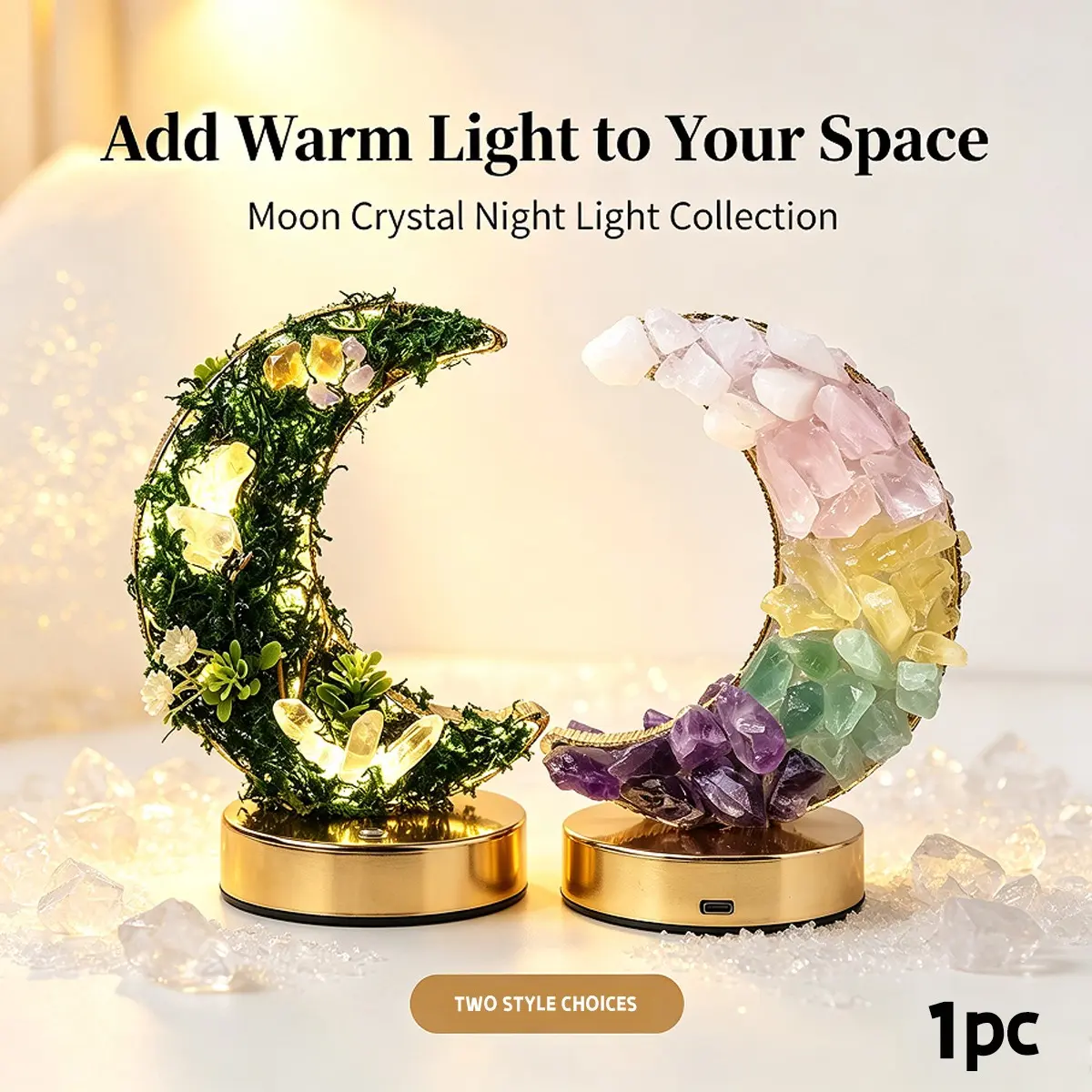 Rechargeable Amethyst Quartz Forest Lamp, Moon Shaped LED Night Light, Energy Saving Ambiance, Elegant Home Decor, Perfect Gift
