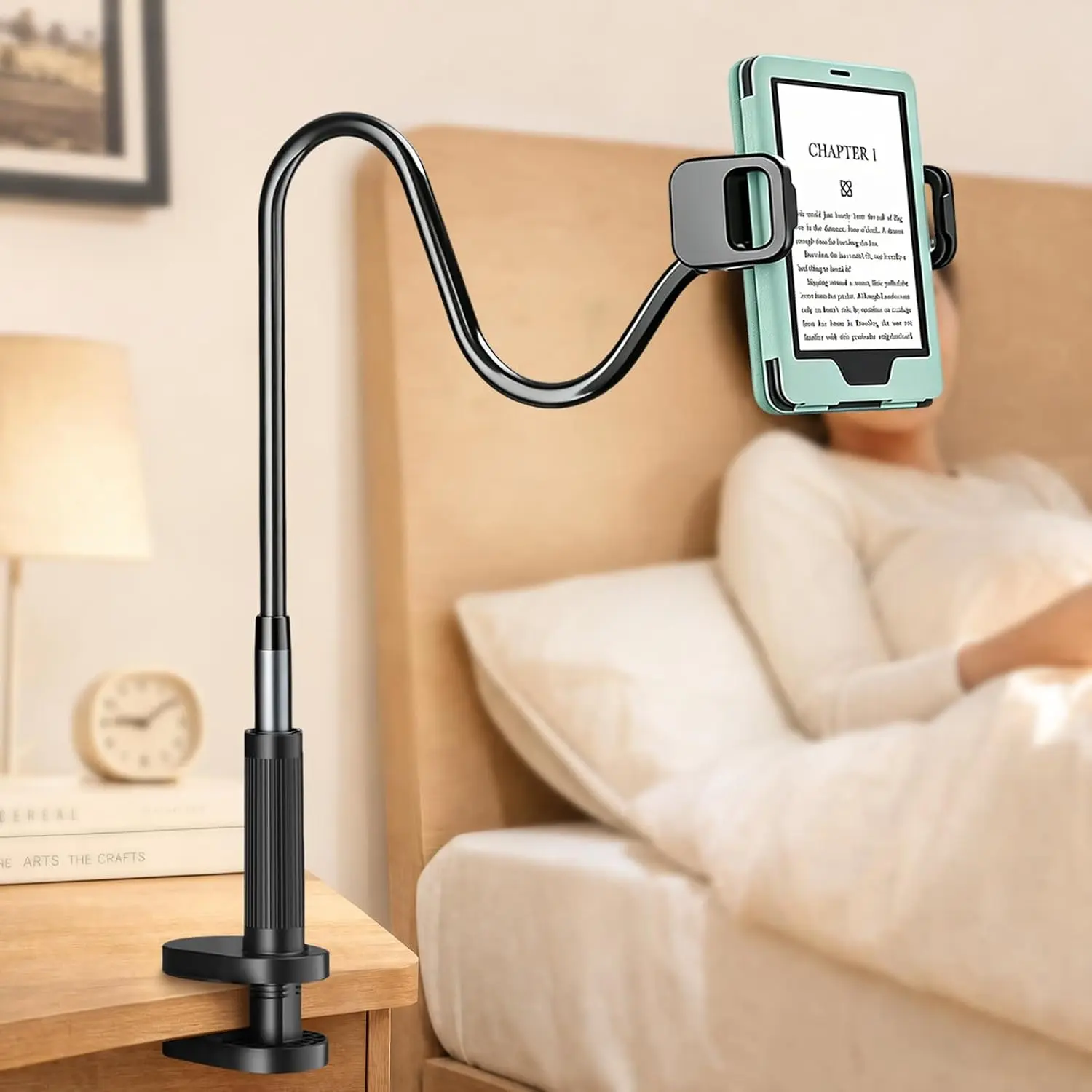 Long Gooseneck Holder for Kindle Reading in Bed Works with Thick Case | Tablet Mount Compatible with  Kindle Paperwhite Colorsoft Scrible, Desk Flexible Arm for iPad  Fire  Smartphones