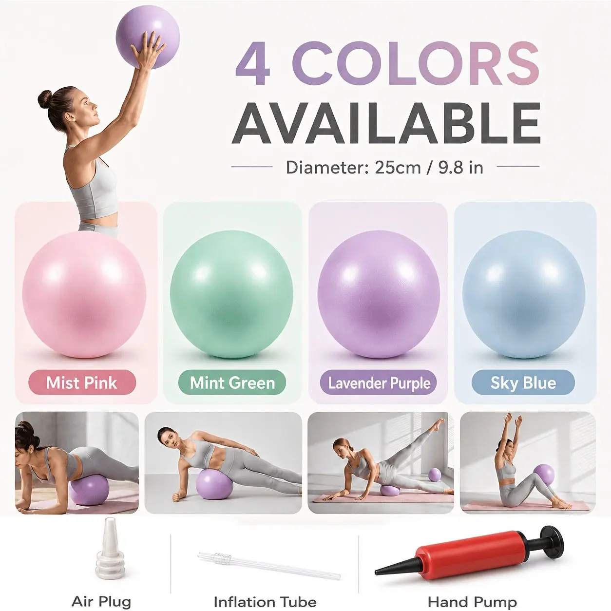 25cm Yoga Ball for Yoga, Pilates, Balance Training, Core Exercises, Indoor Fitness Equipment, Includes Hand Pump, Valve, Inflation Tube