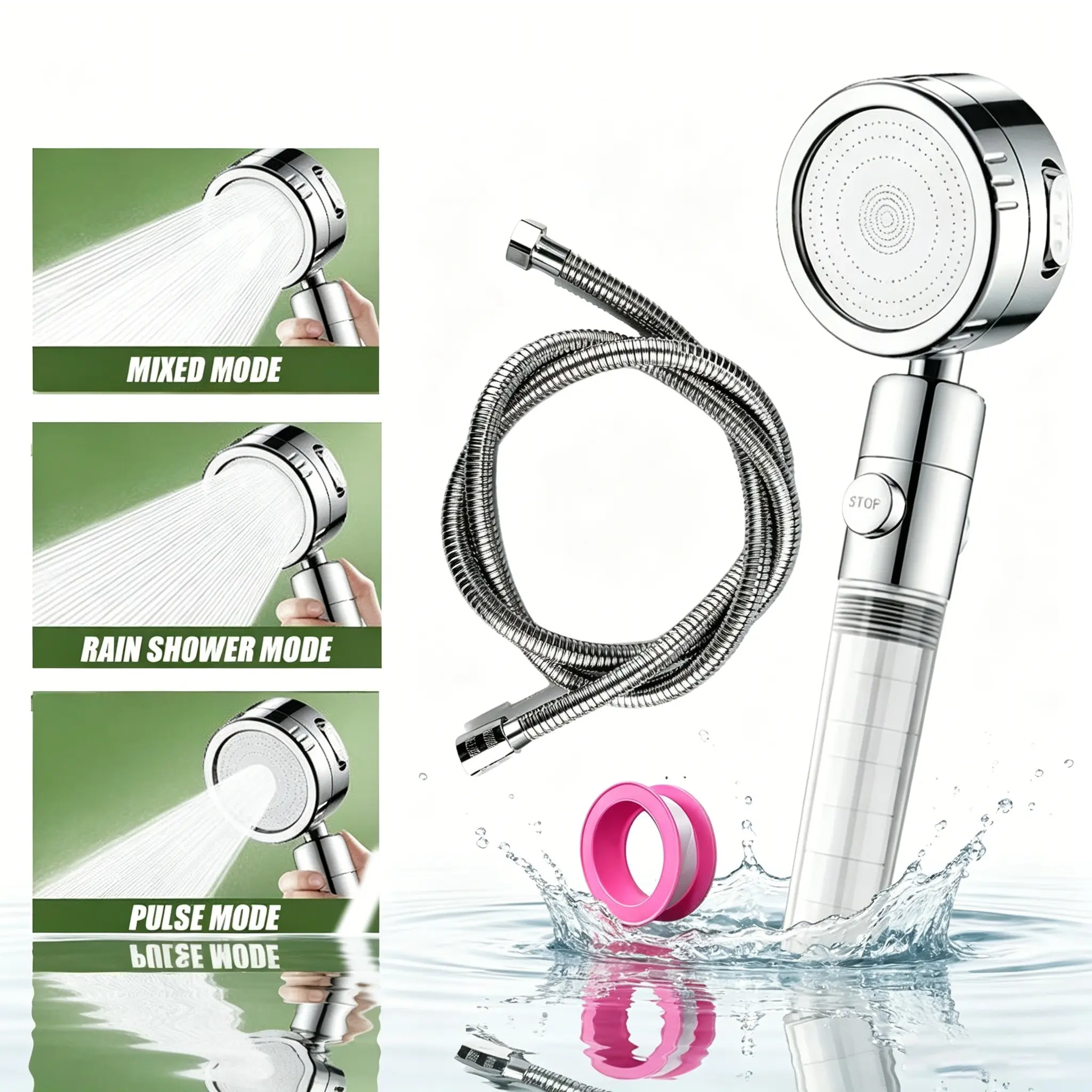 Filter Shower Head Set, Detachable Handheld Shower Head, 3 Spray Modes, High Pressure Water Saving, Chrome Plated, No Stand Included