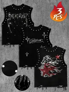 Men's Casual 3-Piece Tank Top Set, Floral Letter, Cross, Flame Star Rhinestone Patterns, Sparkling, Regular Fit, Streetwear, Gym Wear