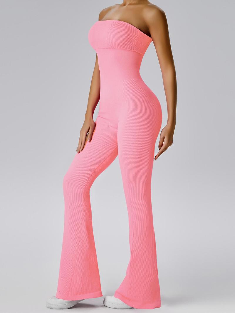 Women's Sexy Yoga Ribbed One Piece Tube Jumpsuit Rompers Flared Trousers Tights Push-up Sports Bodysuit Women Fitness Suit Workout Sportswear Gym Sportswear Jumpsuits