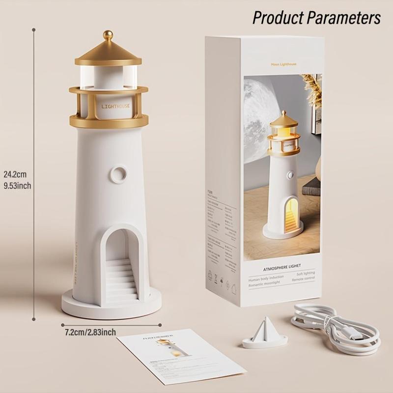 Moonlight Lighthouse Projection Light with Motion-Sensor Night Light, USB Rechargeable Lighting, Bedroom Bedside Lamp, LED Moonlight Projection Ambient Light, Decorative Gentle Lamp