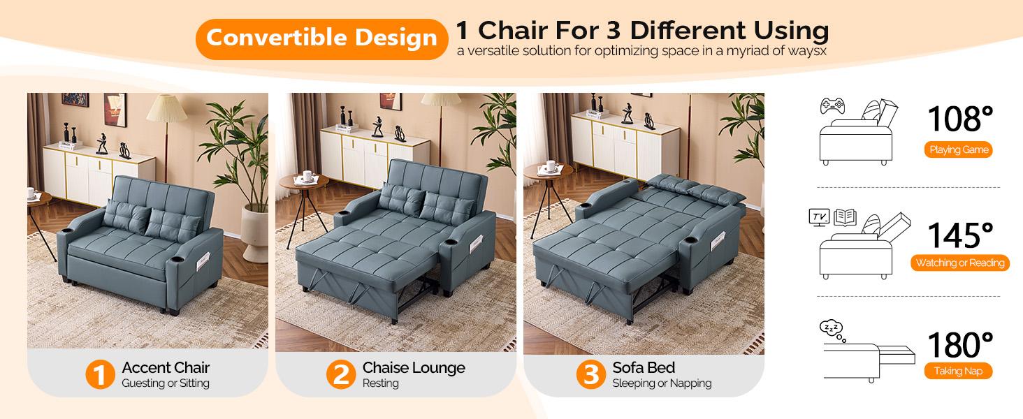 VINGLI Futon Sofa Bed Convertible Loveseat Sleeper Couch, Faux Leather Pullout Sofa Fold Out Couch Bed with USB Ports, Cup Holders, Armrest for Living Room, Bedroom Apartment Room