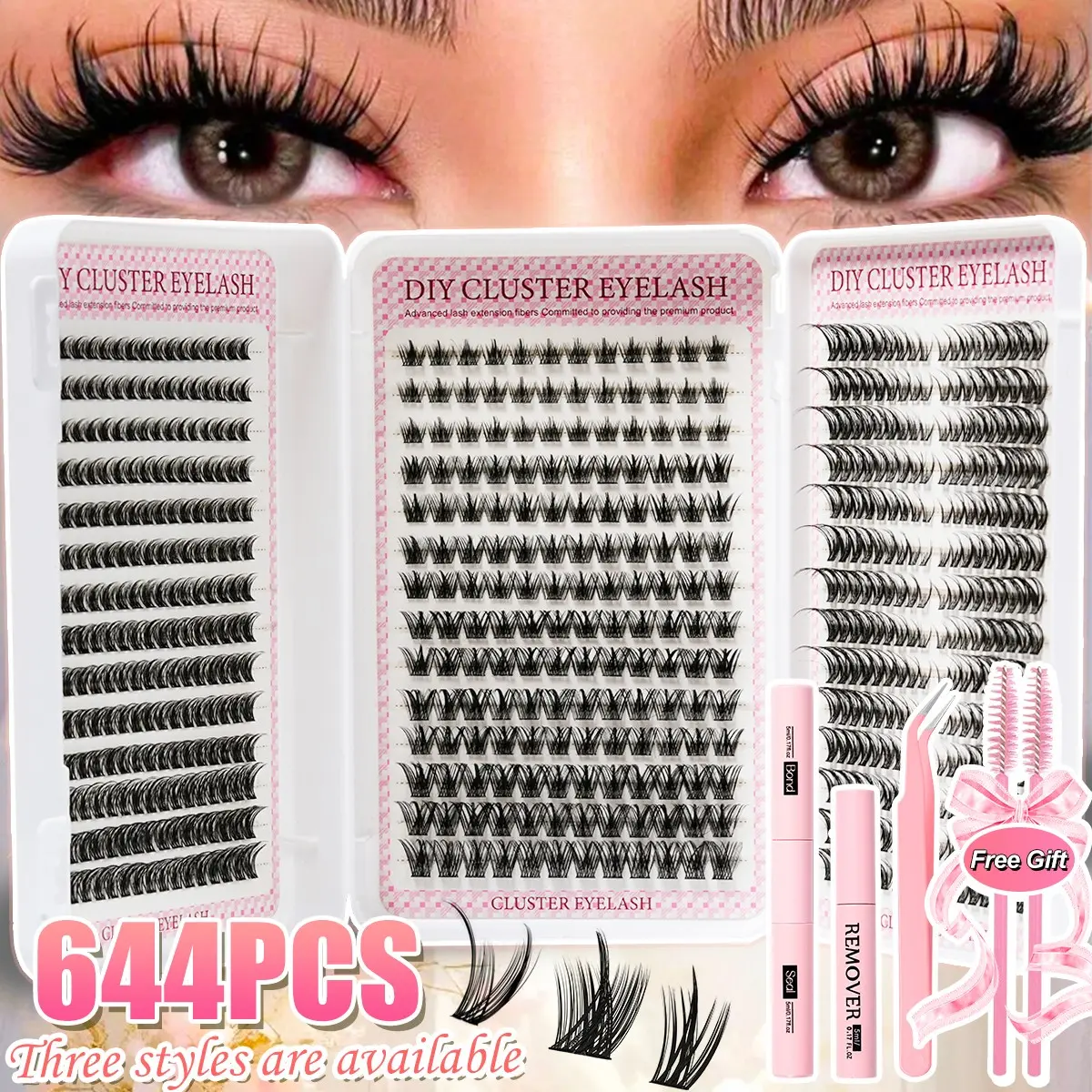 644 Pairs Large Capacity False Lashes, 3 Styles, Includes Glue, Tweezers, Remover, Natural Look, Dense Curl, Soft Comfort, Mixed Lengths, Soft False Eyelashes