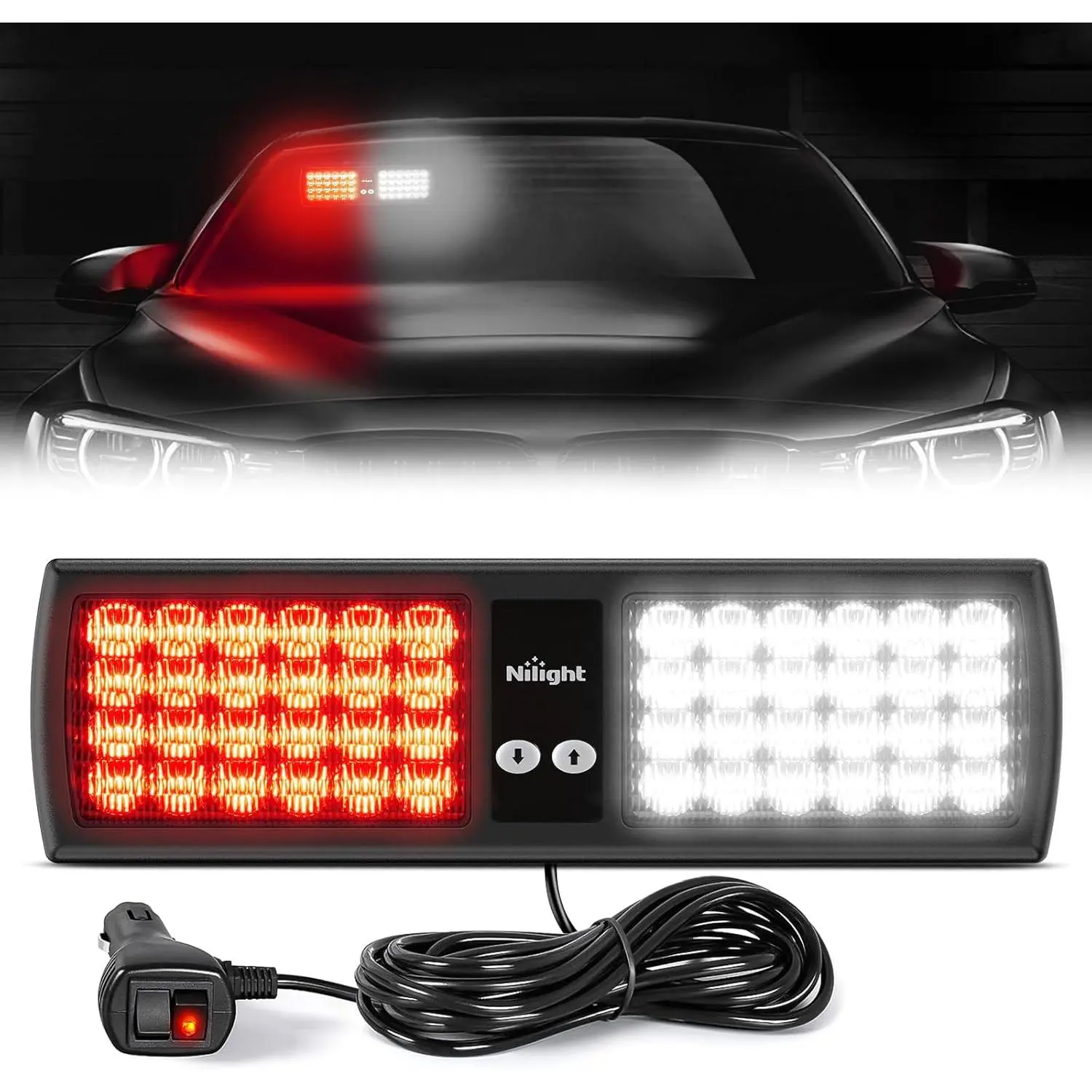 Nilight Red White 48LED Visor Strobe Lights Interior Windshield  Warning Lights Super Bright LED Strobe Lights