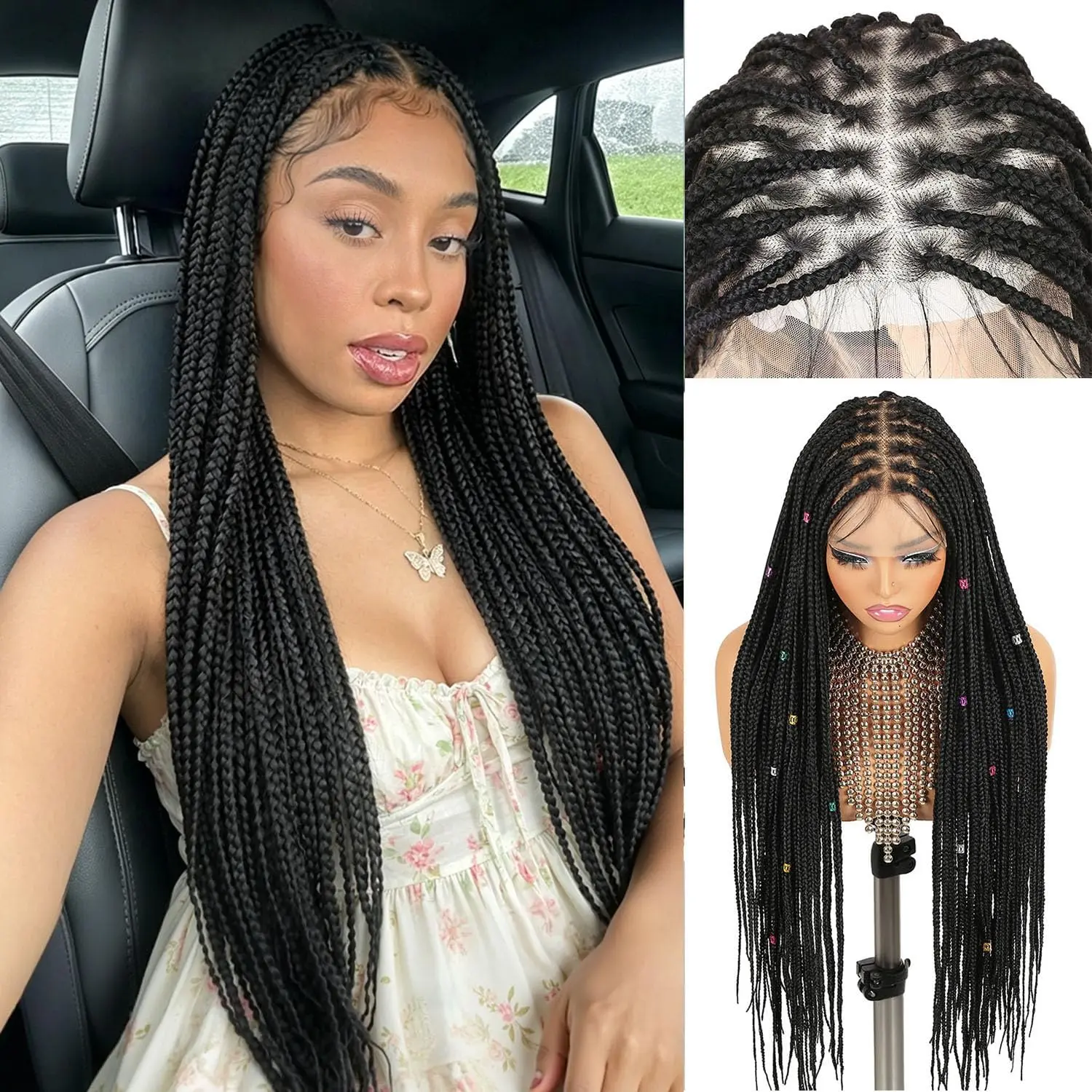360° Full Lace Braided Wigs Knotless Braided Wig for Black Women 34Inch Box Braid Wig with  Hair  Synthetic Hair  Black