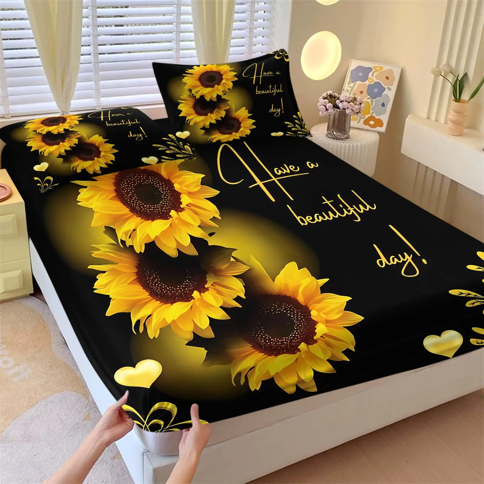 Black Base Sunflower Healing Style Fitted Sheet Set & 2 Pillowcases-Glowing Sunflowers and Handwritten English Copy-Soft Non-Slip Deep Pocket Mattress Protector-Minimalist Nordic Style Bedroom Decor