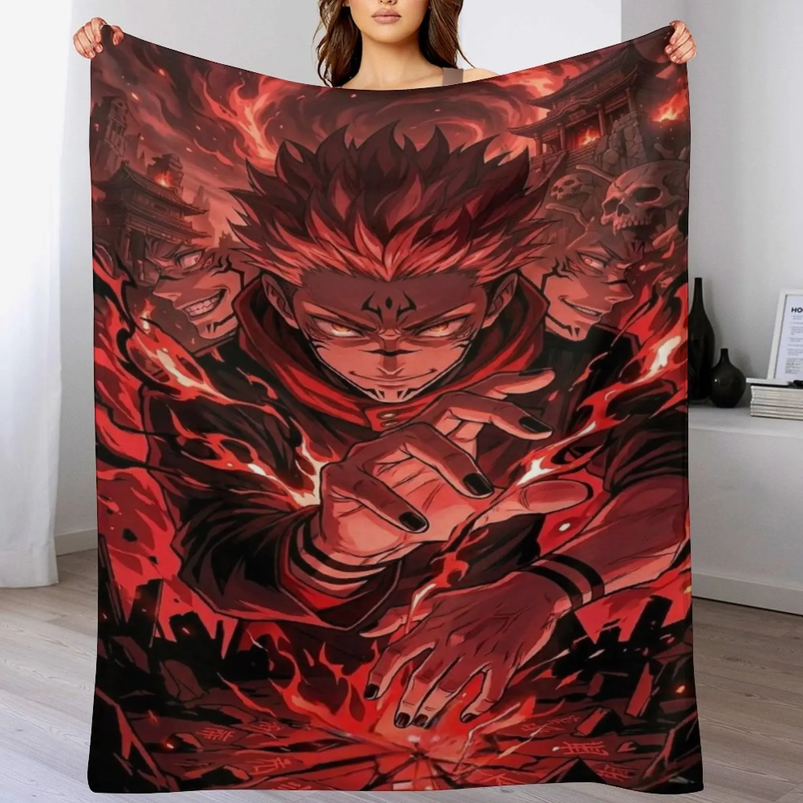 Jujutsu Kaisen Ryomen Sukuna Throw Blanket King of Curses Anime Flannel Blanket Soft Cozy Blanket for Bedroom Living Room All Season Decor