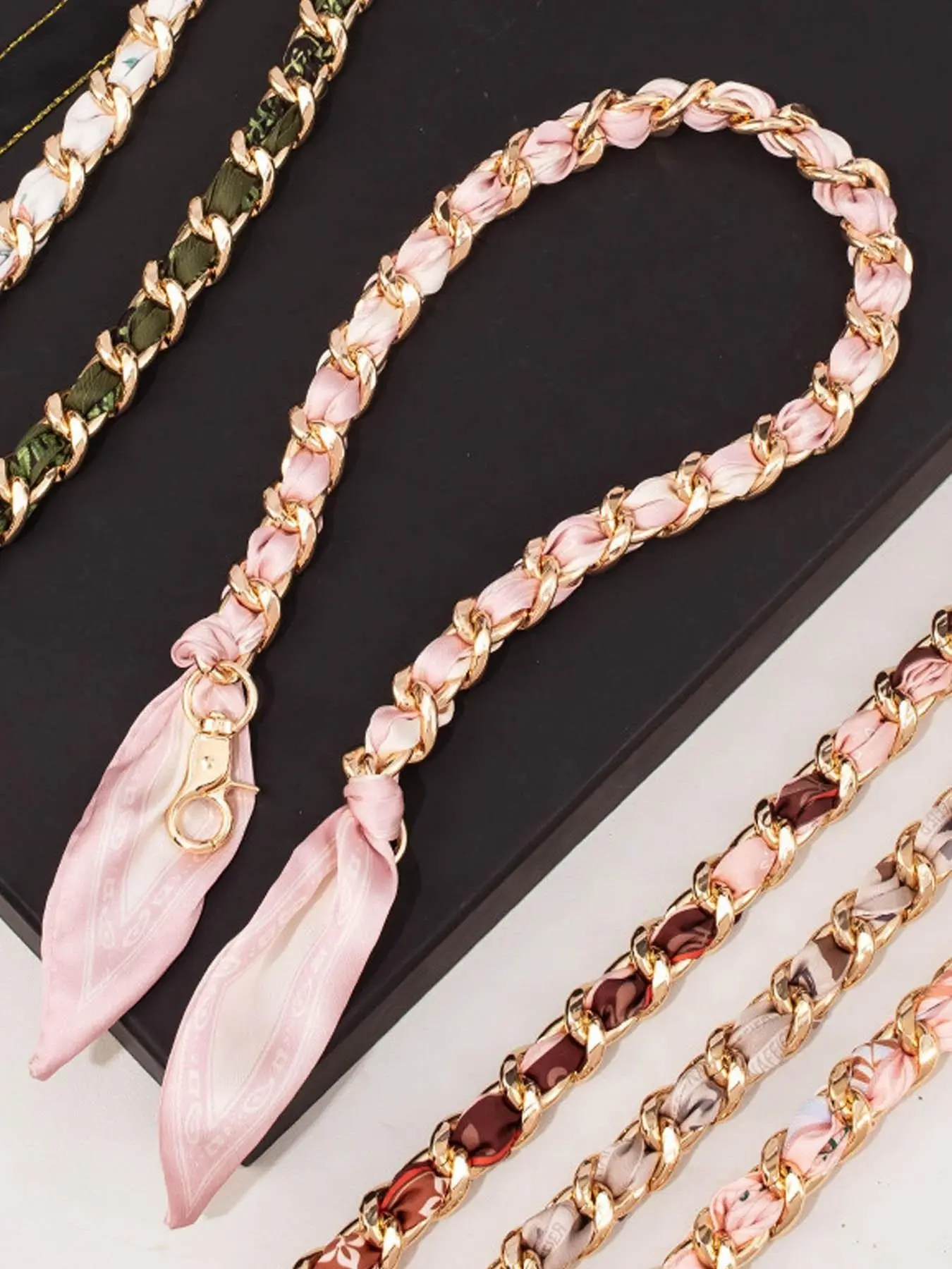 Polka Dot Silk-Chain Purse Strap-Elegant Scarf-Inspired Bag Extender with Gold Chain for Shoulder or Crossbody Bags