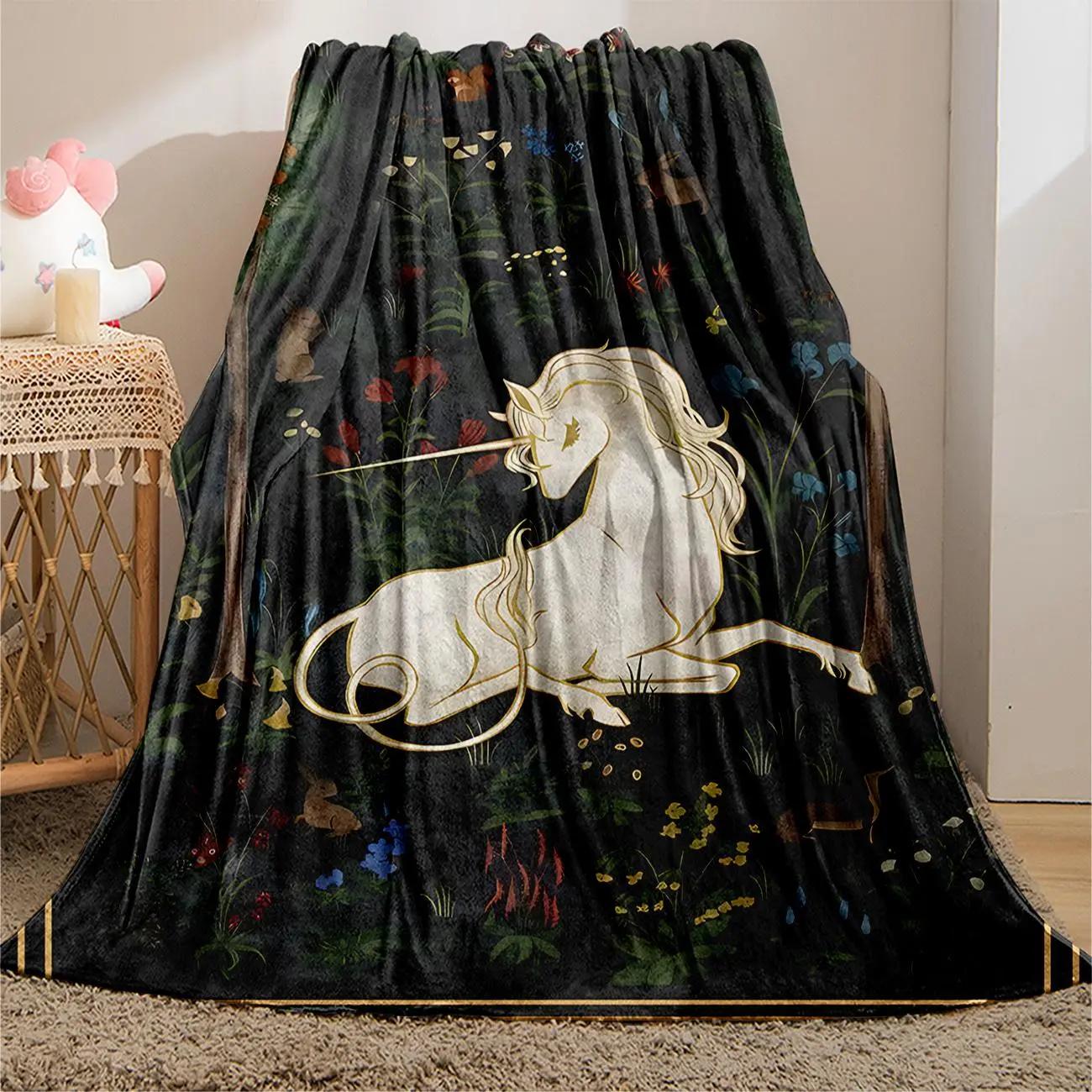 Unicorn Pattern Flannel Blanket, 1 Count - soft, warm throw blanket with storage bag; soft, comfortable blanket; accessory blanket for air‑conditioned rooms; warm nap blanket for home office