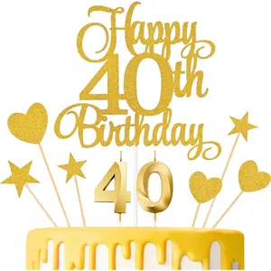 40th Birthday Cake Decorations 40th Birthday Numeral Candles and Glitter Happy 40th Birthday Cake Toppers Set for Birthday Party Supplies Gold