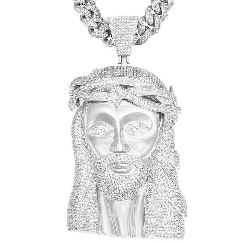 Unisex 2201 Iced Out Hip Hop Rapper Jesus Head Religious Pendant Chain, Diamond-Accented Custom Engrave Option, Casual Wear Daily Street Bling Necklace, Complimentary Shipping Men's Costume Jewelry, Diamond Accents