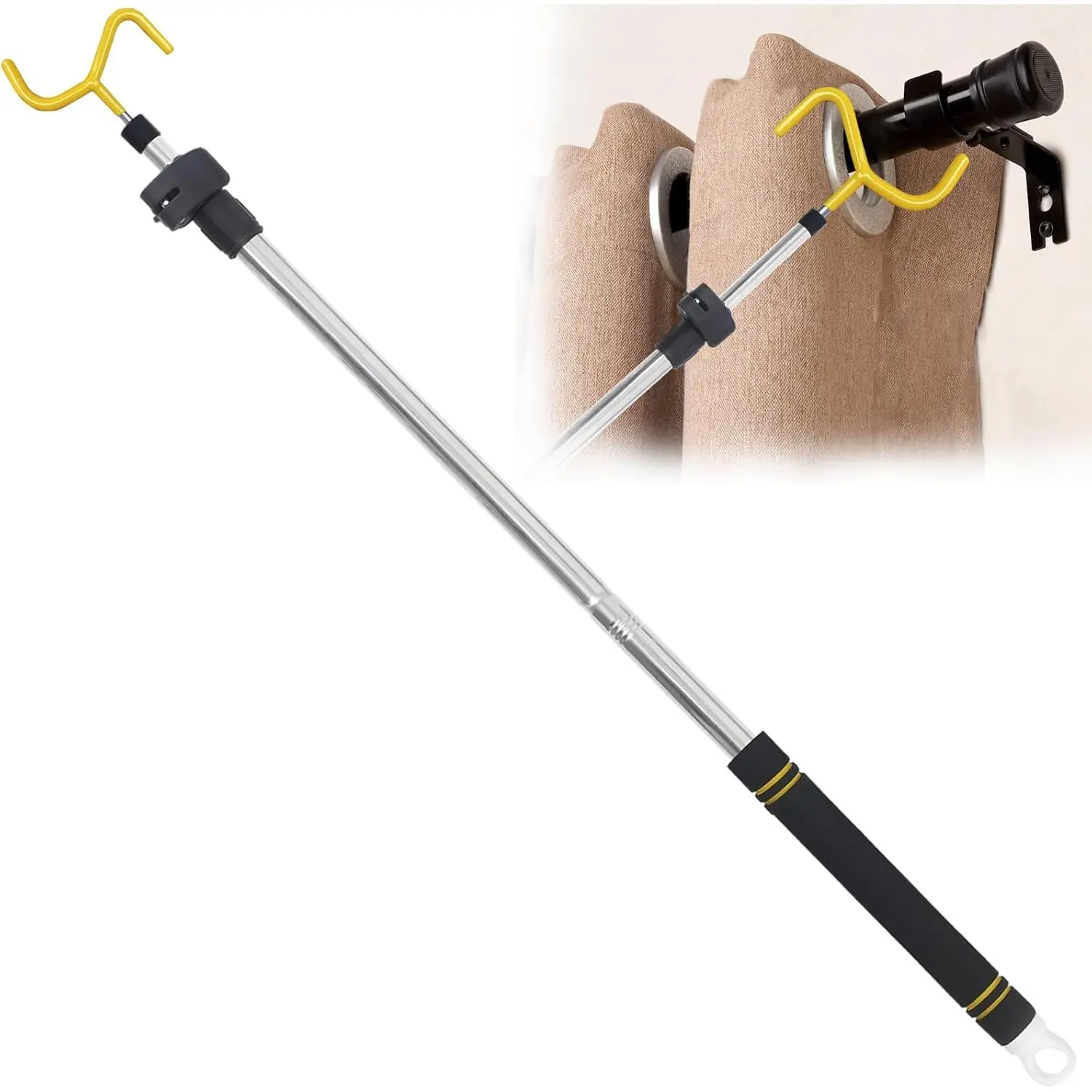 Drapery Pull Rod, Curtain Pull Rod for Curtains Drapes Telescopic Adjustable 36" to 63" Universal Made of Stainless Steel Material and Comfortable Sponge Handle