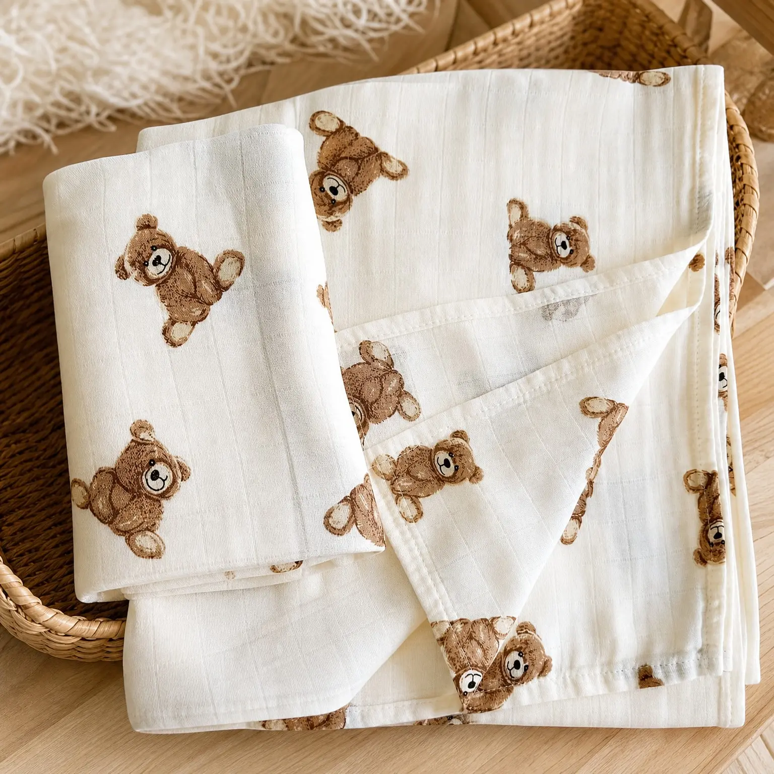 Organic Cotton Teddy Bear Swaddle Blanket for Newborn, 47x47, Soft Breathable Muslin Blend, Lightweight, Machine Washable Nursery Essential(Gift)