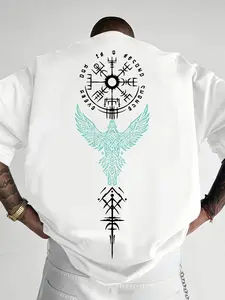 Men's Oversized Crew Neck Short Sleeve Tee, Y2K Nordic Viking Raven Rune Compass Back Print Casual Top, Gothic Mythology Daily Streetwear T-Shirt #VikingTee #NordicMythology #RunePrintTee #GothicStreetStyle #TikTokMadeMeBuyIt