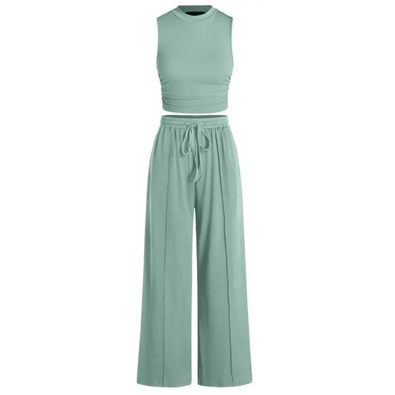 Women's Premium Ribbed Knit 2 Piece Set, Sleeveless Tank Top and Wide Leg Pants Lounge Outfit