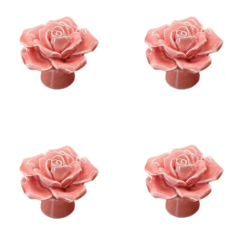 Rose Ceramic Cabinet Pull Handle, Handmade 3D Flower Drawer Knob, Vintage Farmhouse Dresser Pull, 4pcs Universal Hardware