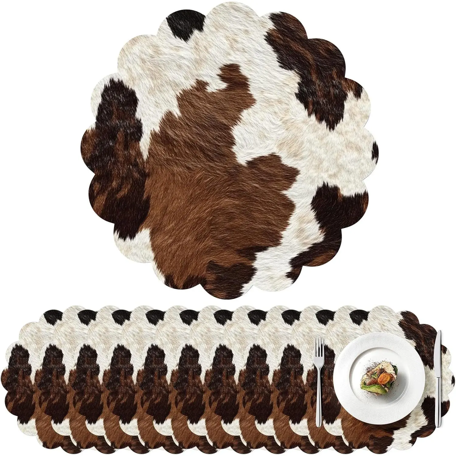 100 Pcs 13.5 Inches Scalloped Disposable Brown White Cowhide Paper Placemats for Western Cowboy Party Wedding Baby Shower Rustic Party Table Decor