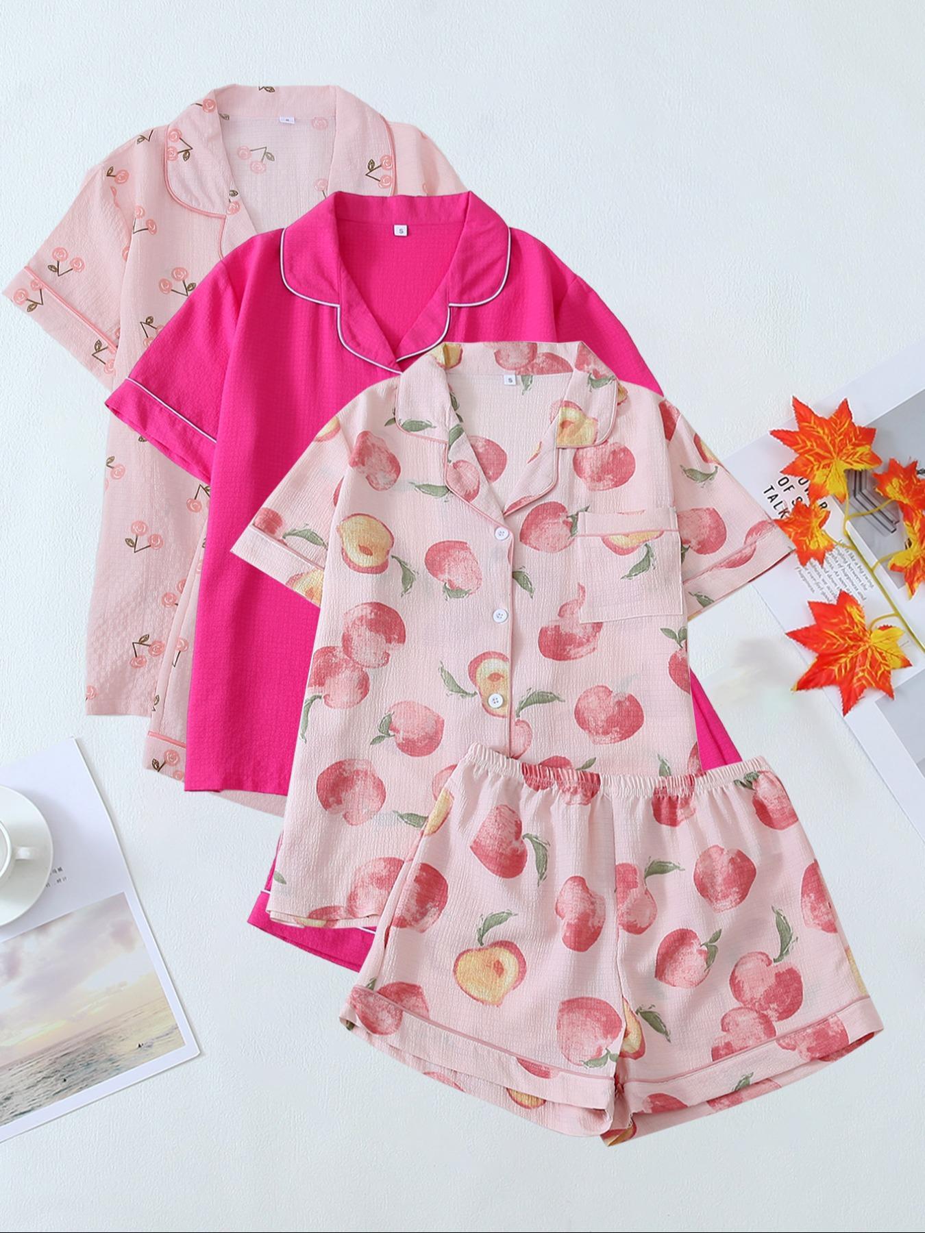 Women's Heart/All Over Fruit Print Contrast Binding Pyjama Set, Short-Sleeve Lapel Neck Button Up Top & Elastic Waist Shorts PJ Set, Casual Comfy Loungewear Set for Women, Nightwear Pajamas