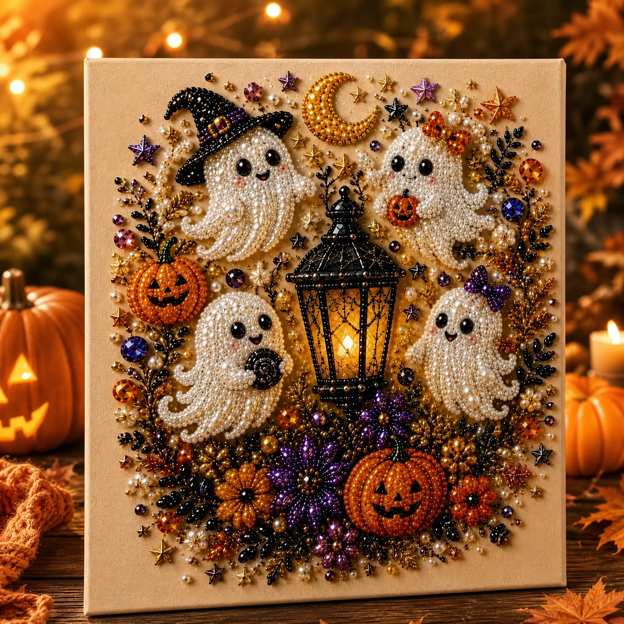 DIY Spooky Cute Ghost 8inx8in Themed Pearl 3D Diamond Painting DIY Kit, Multipurpose Fall Season Handicraft Set, Beautiful Wall Art Furnishing Accessory for Household Indoor Decoration & Holiday Party Present,Kr,Luxurio,Wooden,Li,,indu,solar,outdoor,light