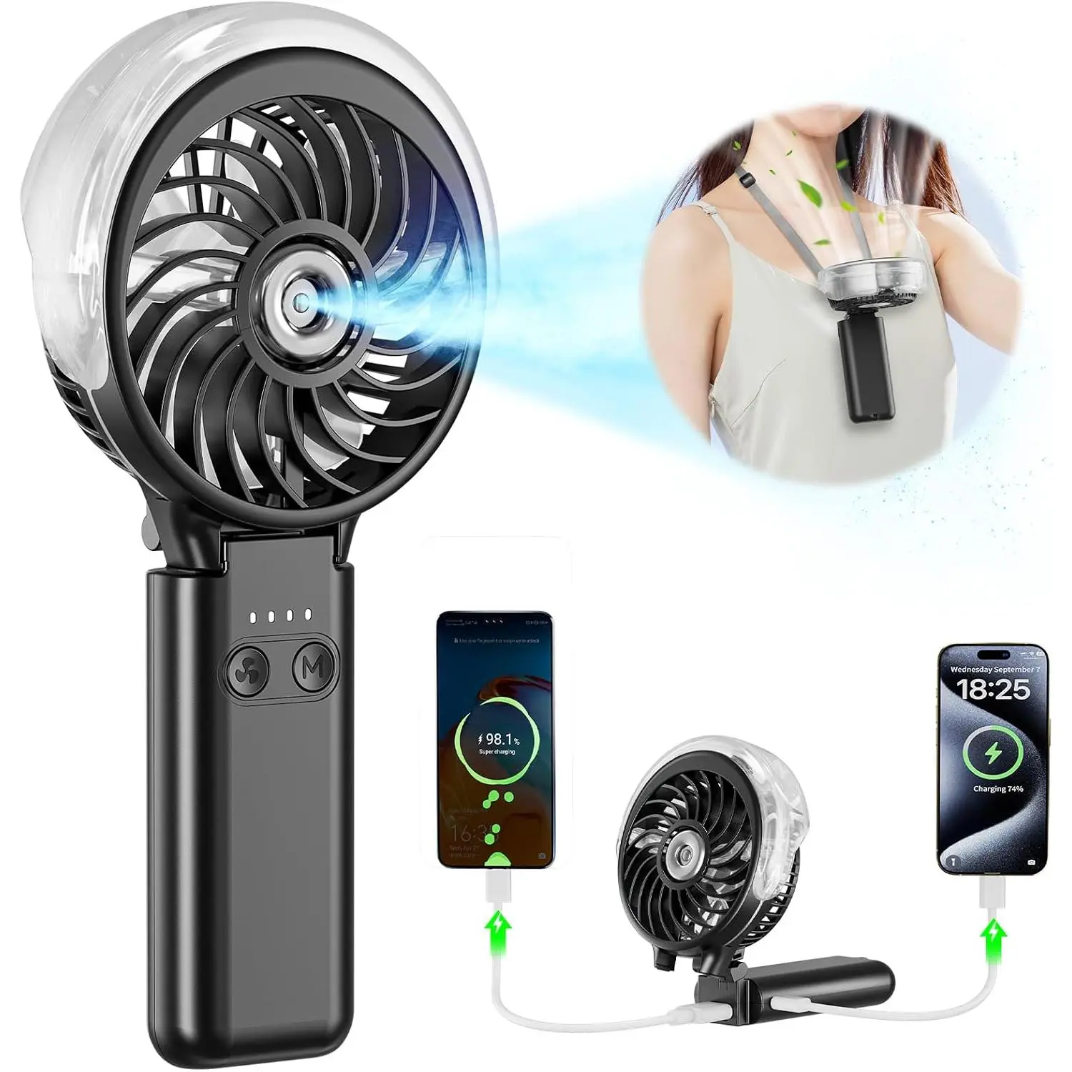 5200mAh Upgraded Personal Misting Fan, Rechargeable Handheld Mister Fan,  Water Mist Fans, Portable Cooling AC, Electric Mini Hand Fans for Beach Travel Outdoors(Black)