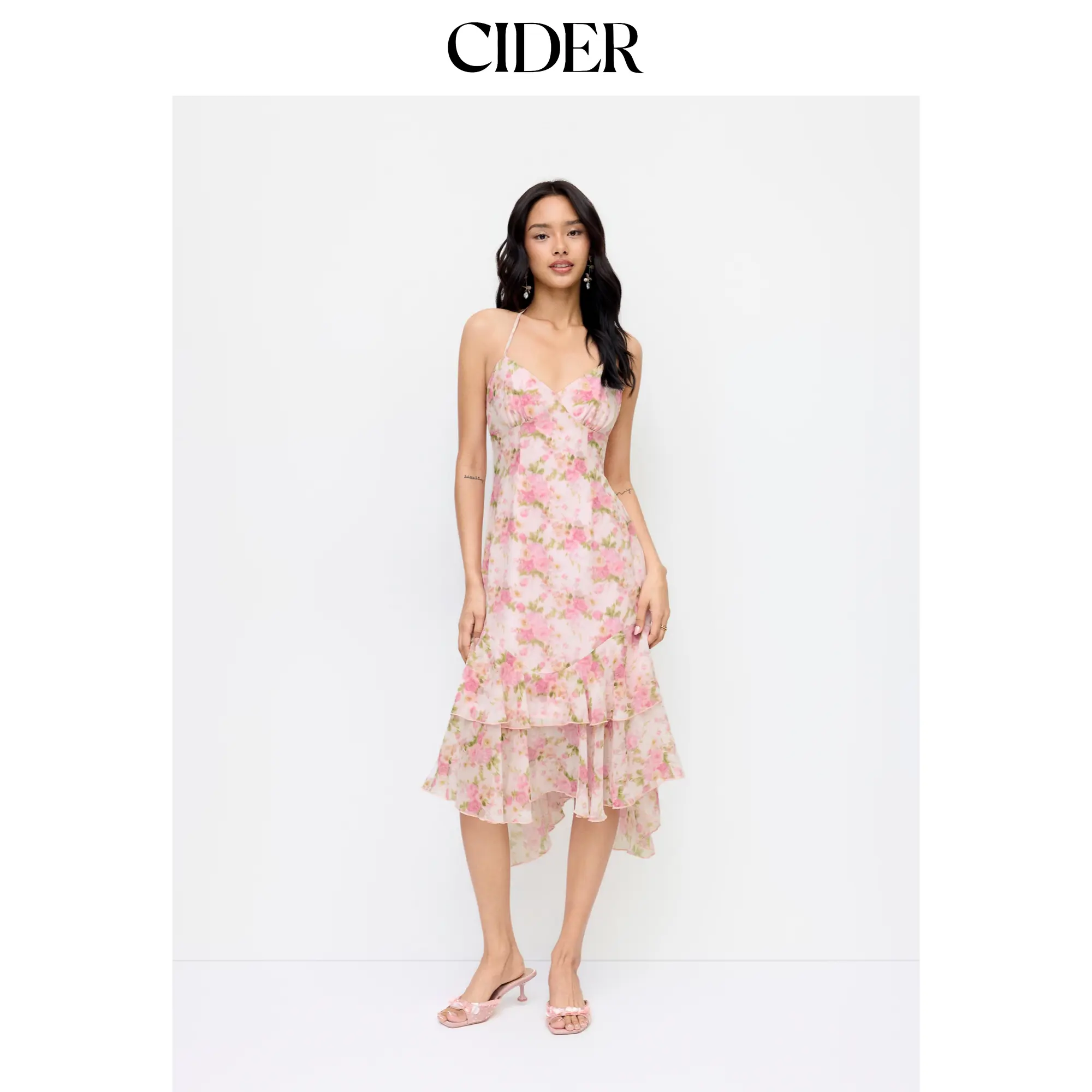 Cider Chiffon Floral V-neck Layered Mermaid Midi Dress