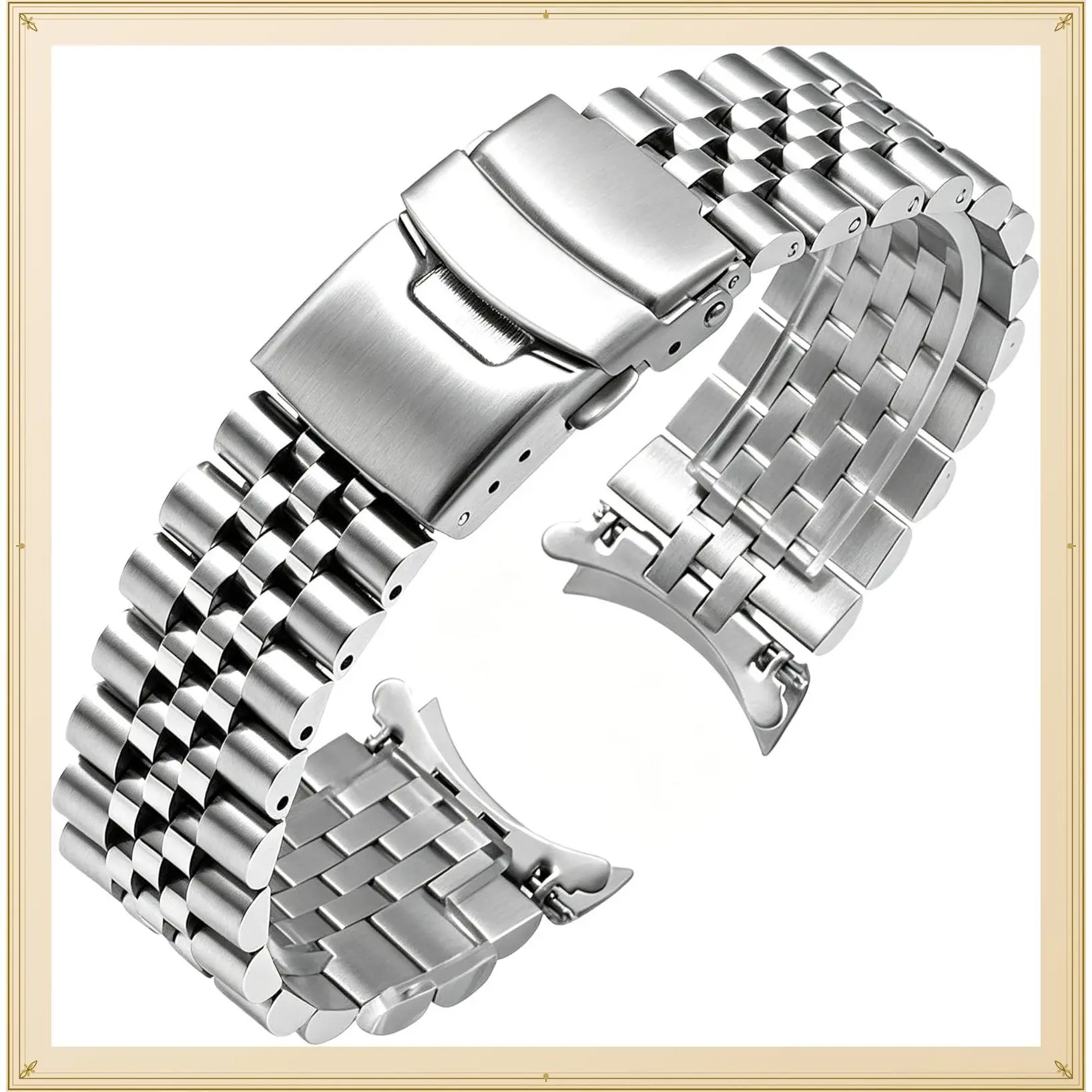 Stainless Steel Curved Ends Tapered 18mm 20mm 21mm 22mm 23mm 24mm Metal Watch Band Flexible Watch Strap Replacement Bracelet Deployment Double Flip Lock Buckle Silver BlackGift