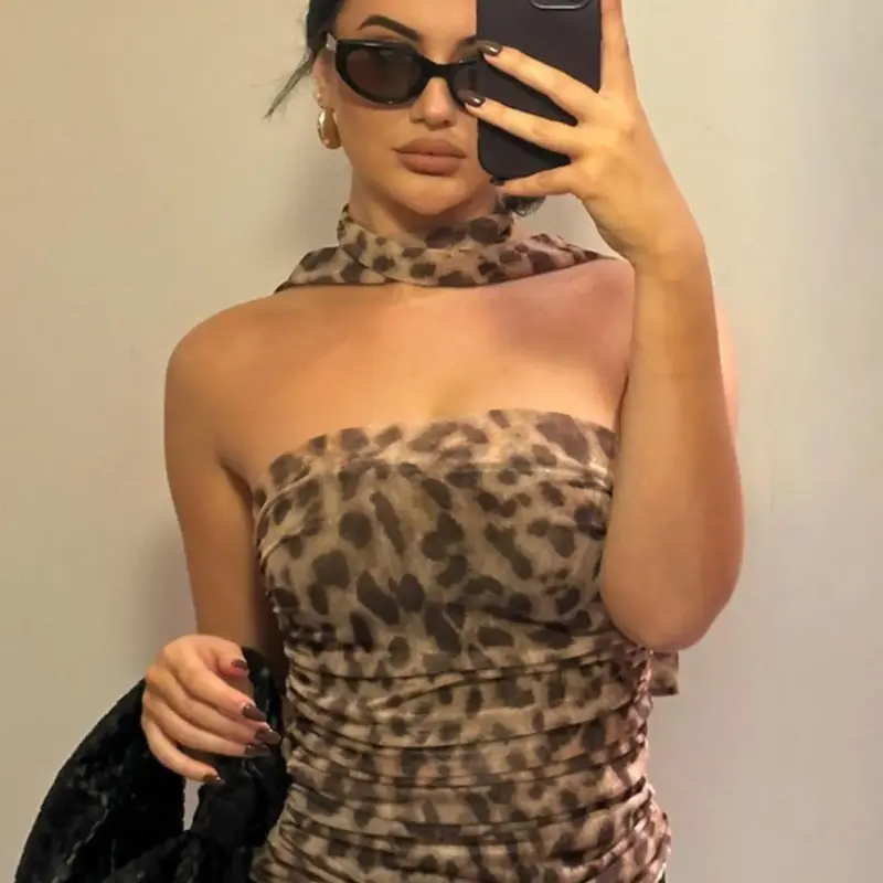 Women's Leopard Print Ruched Crop Strapless Tube Top & Tulle Scarf, Elegant Chic Fashion Backless Top, Ladies Summer Clothes for Dating Club Party Daily Wear, Bandeau Tops
