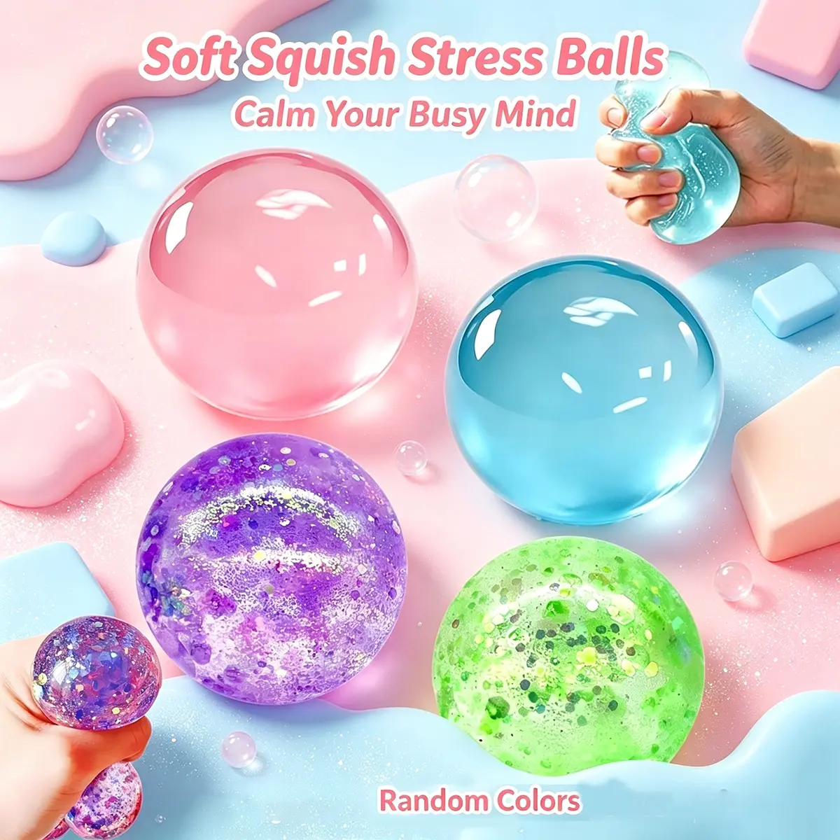 4pcs-Round Clear Jelly Squish Stress Relief Balls, Stress Ball Fidgets, Squeeze Fidget Toys, Elastic Hand Sensory Decompression Toys to Ease Anxiety, Random Color Portable Relax Toy for Adults, Students & Kids