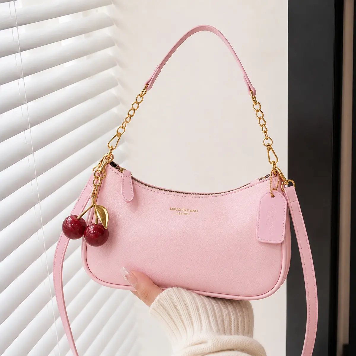 Y2K Pink Shoulder Bag with Cherry Charm, Women's Small Hobo Underarm Purse, Gold Chain Strap Crossbody Bag for Work, Dating, Travel and Daily Outfits, bag charms, Y2K accessory styling, statement accessories