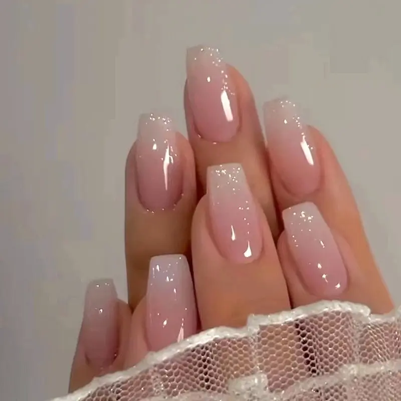 24pcs Nude Glitter Jelly Square Press on Nails, Glossy Reusable Fake Nails for Women, Wedding Daily Nail Art, DIY Fake Nails
