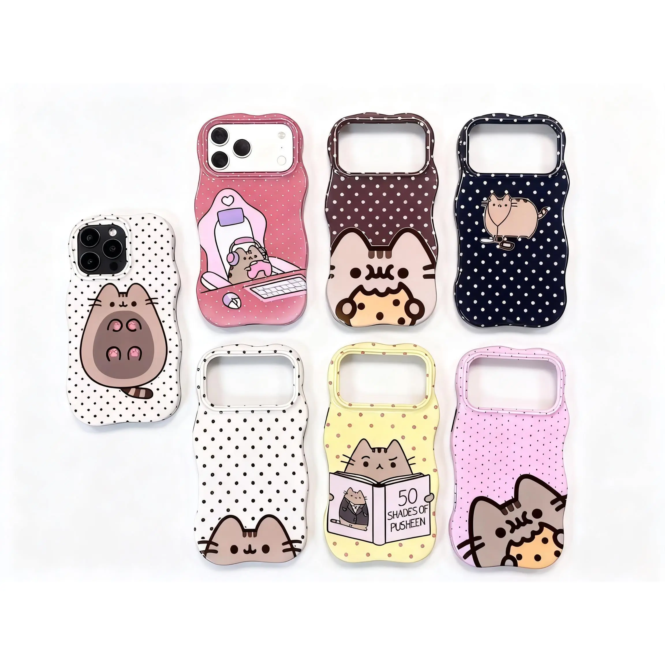 Pusheen The Cat Phone Case, Wavy Film Shell, Polka Dot Shockproof Case Cover Compatible With iPhone 16 15 14 13 12 11 Pro Max Galaxy S25 S24 S23 S22 Ultra, Gift For Christmas