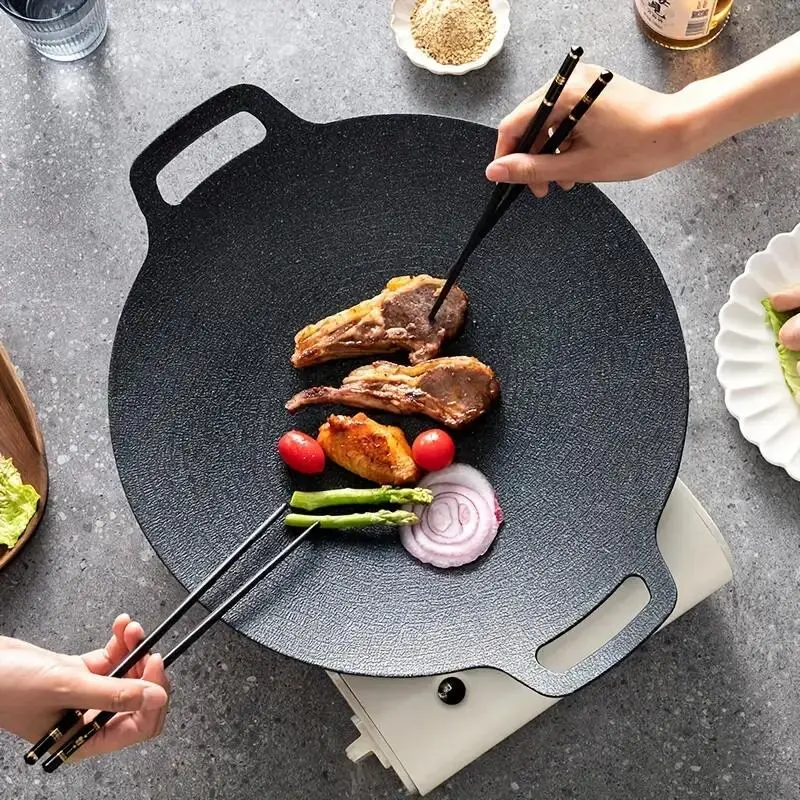 Non-stick Cast Iron Skillet, 1 Piece Round Grill Pan, BBQ Grill Pan, Outdoor Barbecue Pan, Easy To Clean, Suitable for Home, Camping and Picnic, Outdoor Barbecue