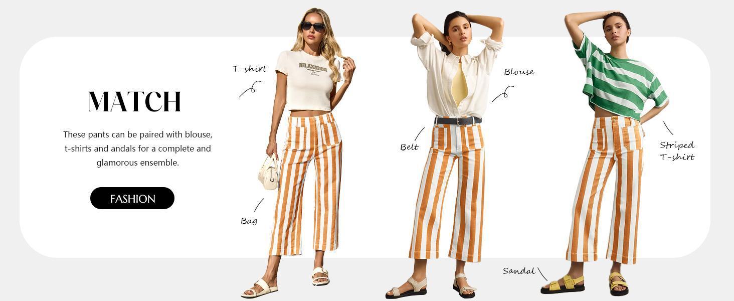 Danedvi Womens Cropped Striped Jeans Casual High Waisted Stretchy Straight Leg Denim Pants with Pockets