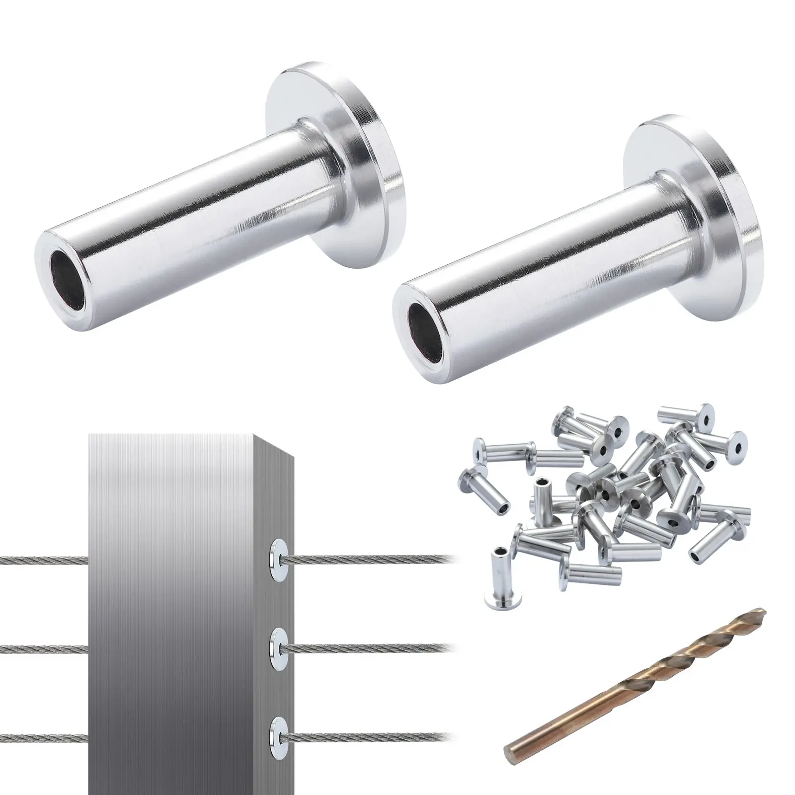 VEVOR 121 Pcs Stainless Steel Protector Sleeves - T316 Marine Grade Solid Metal Round Sleeves for 1/8" Wire Rope Cable Railing, Quick Install DIY Balustrade, Silver with Free Drill Bit, Corrosion Resistant