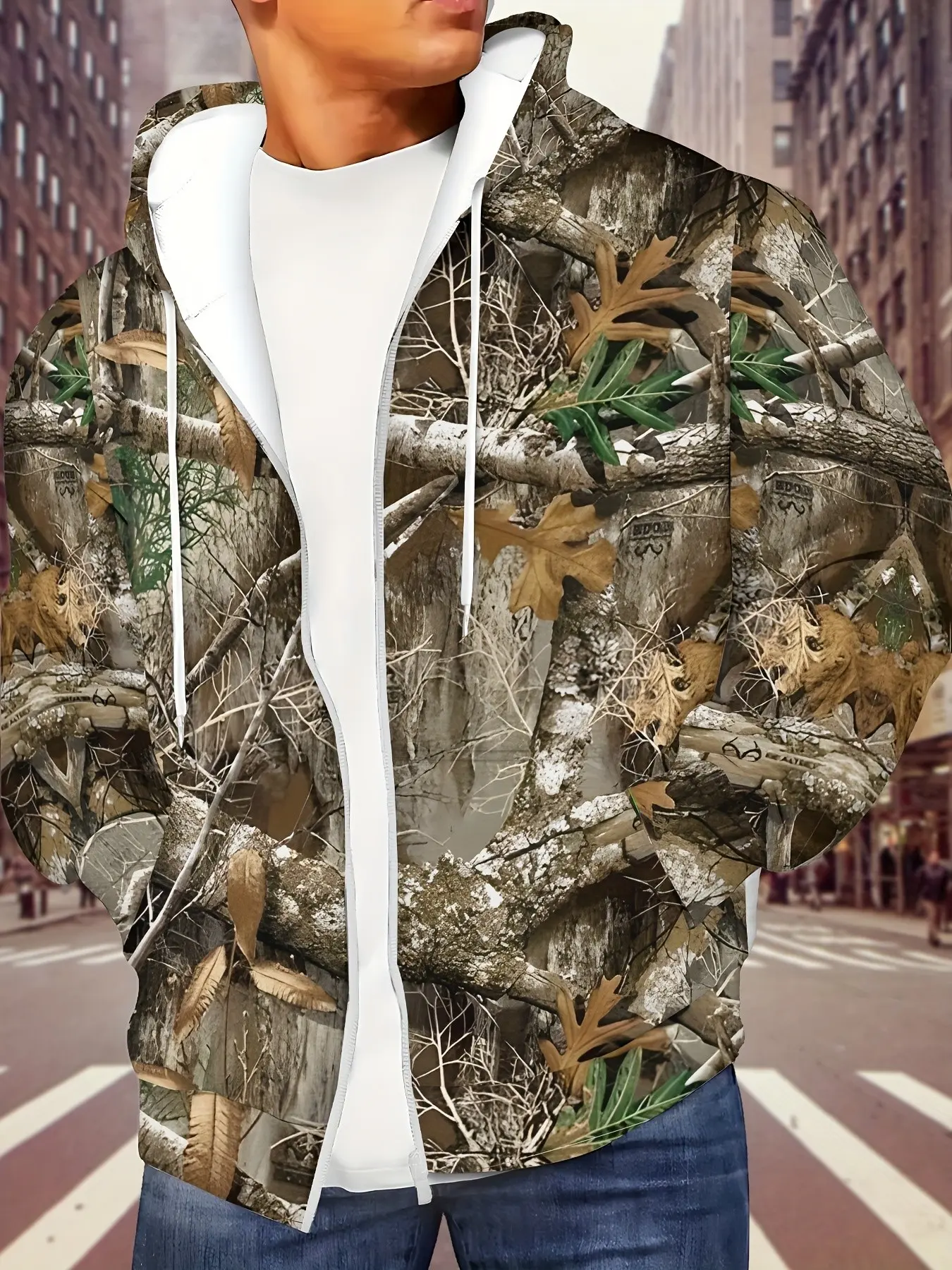 American Wild Workwear Camouflage Hoodie, Realistic Tree Pattern Leaf Print Zip-Up Sweatshirt, Casual Outdoor Clothing for Men