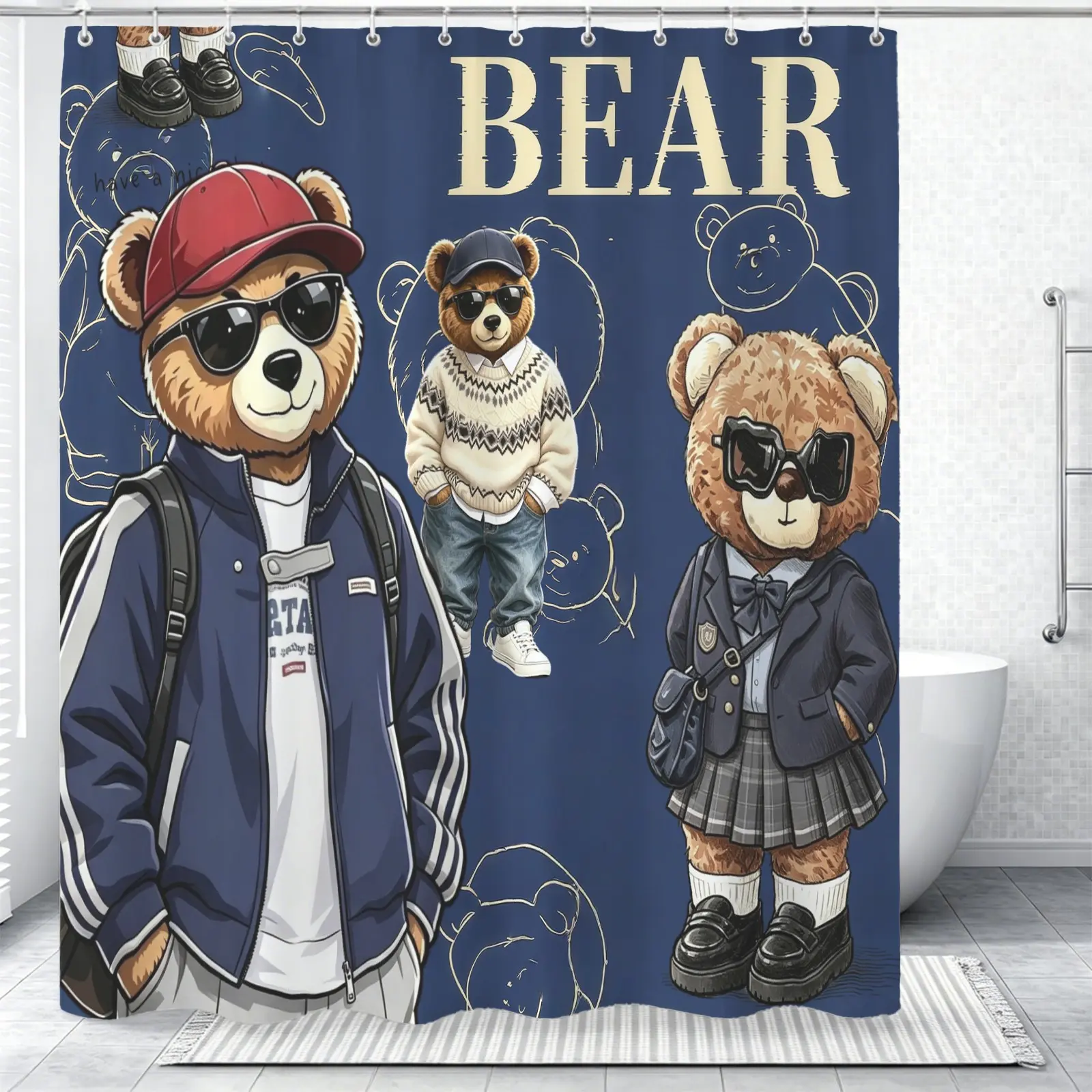 Teddy bear printed pattern shower curtain (with hook), a good gift for home decoration, practical home good item