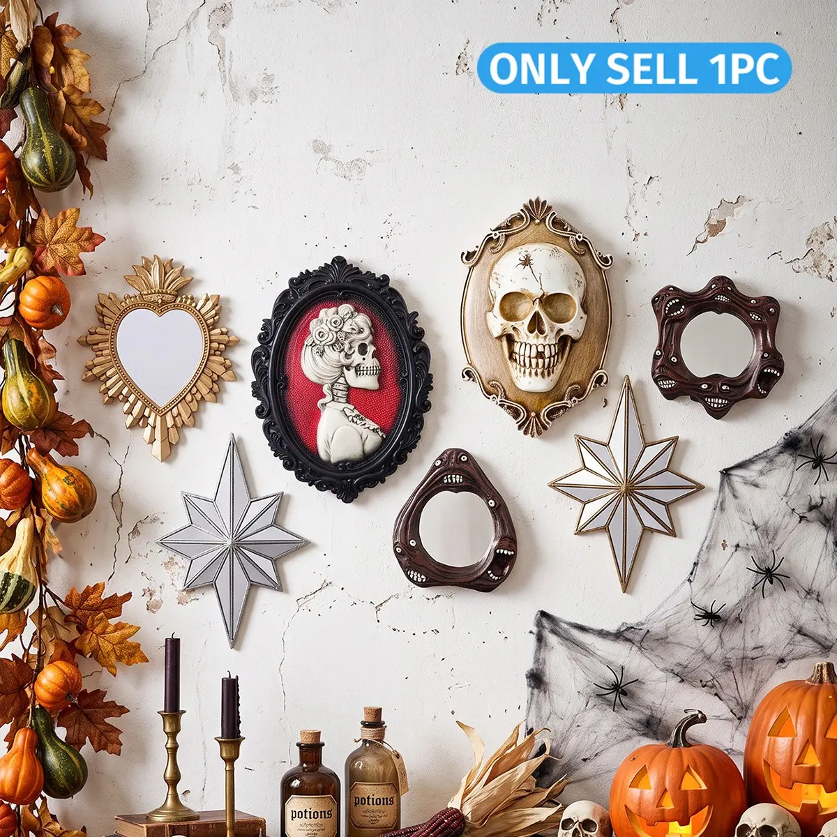 Halloween Skull Wall Decoration, Resin Hanging Mirror, Baroque Style, Octagon Star, Perfect for Halloween, Ghost House, Party Decor