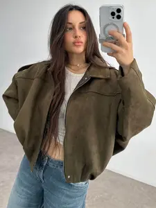 Women's Bomber Jacket Brown Suede Jacket Women Black Pleated Cropped Jacket Female Spring Women's Long Sleeve Top Fashion Street Style Outerwear Casual Coats For Woman
