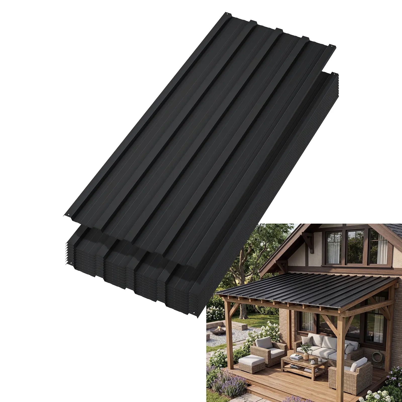 Hosslly 10-Pack Black Corrugated Metal Roofing Panels with Screws - Durable, Waterproof, Weather-Resistant Steel Sheets for Residential, Agricultural Carports, Garages & Roofing Projects - 17.72 in W x 42.52 in L, Easy Installation