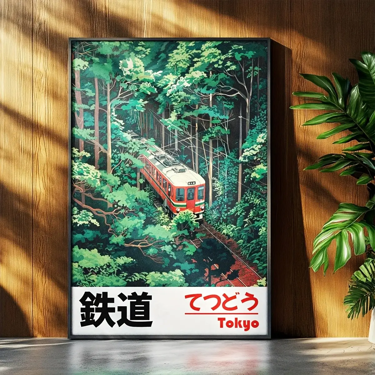 1pc Vintage Tokyo Forest Train Poster, Unframed Japanese Railway Retro Travel Wall Print, Red Tram Through Green Woods Kanji Artwork, Decor Picture for Bedroom, Bar, Home Wall Decor, No Frame