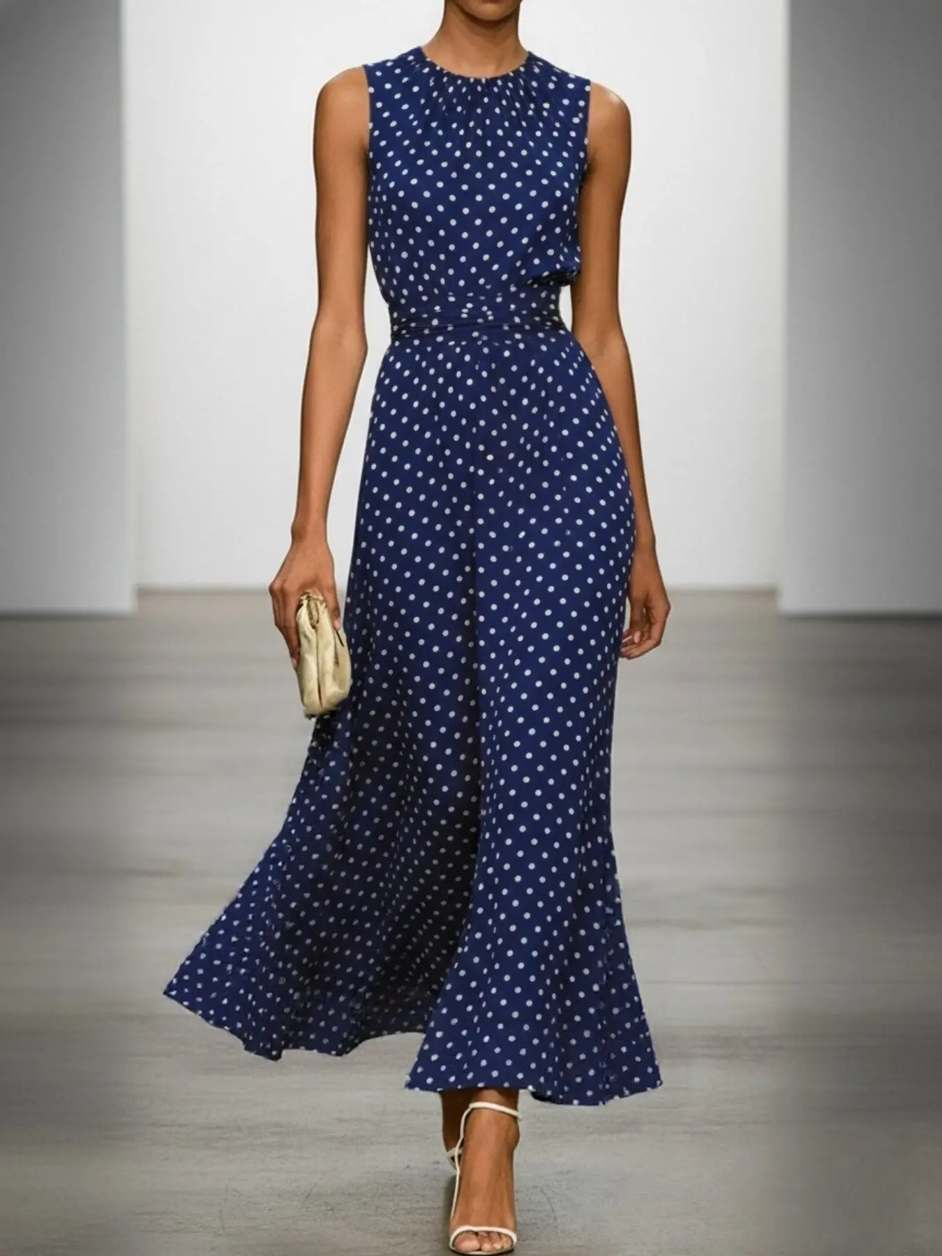 French Vintage Polka Dot Sleeveless Dress, Elegant Pleated Waist Slimming Midi Dress, Office Date Vacation Dress, 1 Piece, Women