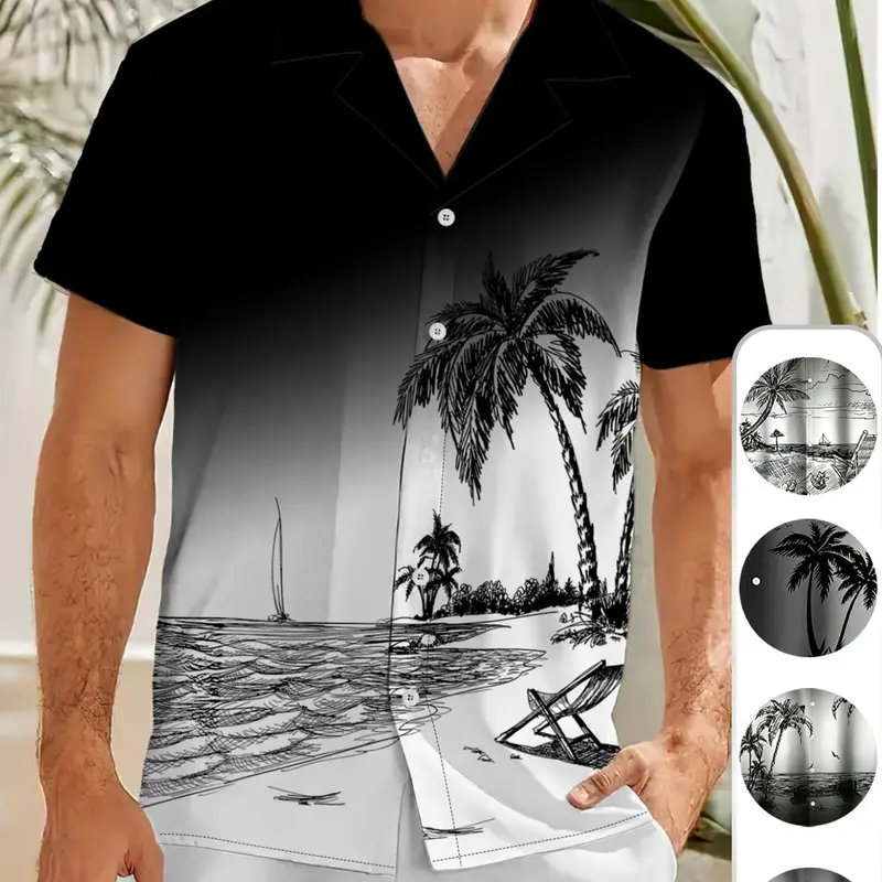 Men's Beachwear Coconut Tree Sailboat Tropical Graphic Beach Shirts, Gradient Cuban Collar Short Sleeve, Loose Fit Summer Vacation Style，Unisex (Recommended ordering one size up),Fast shipping