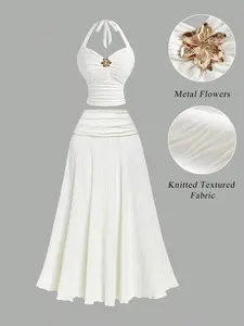 Women's 2 Piece Set Plain Fashion Sexy Vacation Style Halter Top with Metal Flower Decor + Waist Pleated A-Line Long Skirt