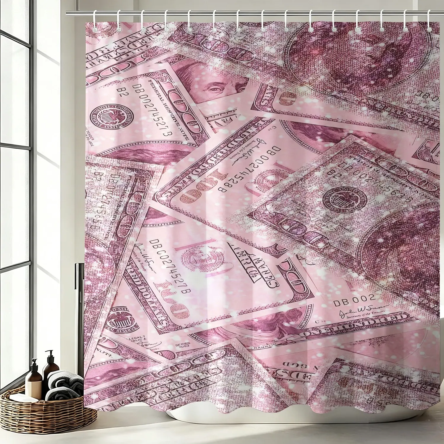 Pink Money Shower Curtain Set, Waterproof Cloth Fabric Bathtub Curtain 72"x72" with 12 Hooks, Glam Bathroom Decor Accessories, Luxury Trendy Bathroom Decor for Fashion Girls Women Home Decoration