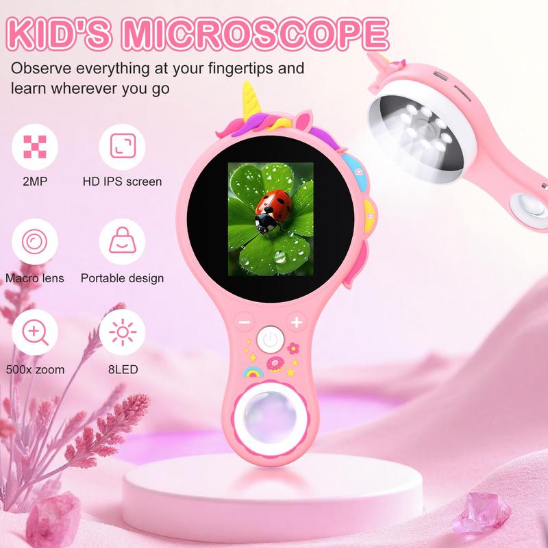 Digital Microscope Camera, Mini Pocket Handheld Camera with 2" Screen, 500X Zoom, 8LED Lights, Macro Lens, Birthday Gift for Students